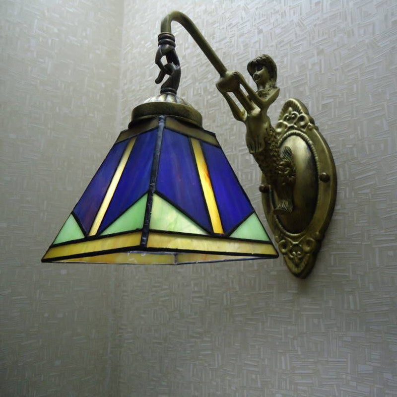 Lisslune | Trapezium Wall Mount Lamp Fixture Tiffany Bronze Cut Glass Wall Lighting with Mermaid Arm