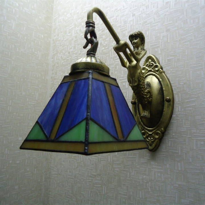 Lisslune | Trapezium Wall Mount Lamp Fixture Tiffany Bronze Cut Glass Wall Lighting with Mermaid Arm