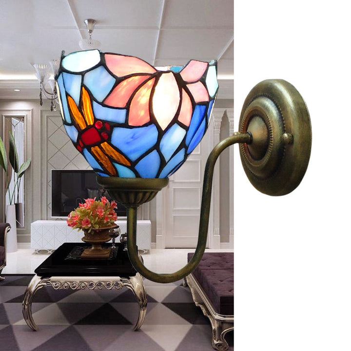 Lisslune | 1 Lamp Wall Lamp Sconces Victorian Bowl Yellow Glass Dragonfly Pattern Wall Lighting in Brass