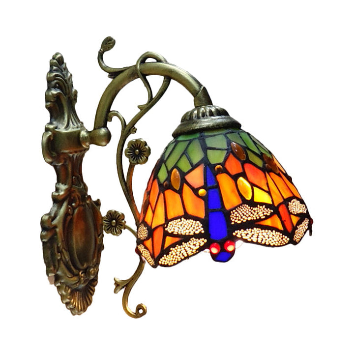 Lisslune | Hand-cut Glass Dragonfly Wall Lamp Tiffany Style 1 Light Wall Mounted Light Fixture with Carved Backplate