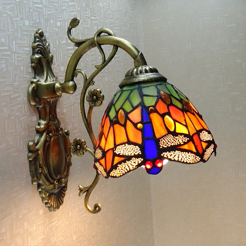 Lisslune | Hand-cut Glass Dragonfly Wall Lamp Tiffany Style 1 Light Wall Mounted Light Fixture with Carved Backplate