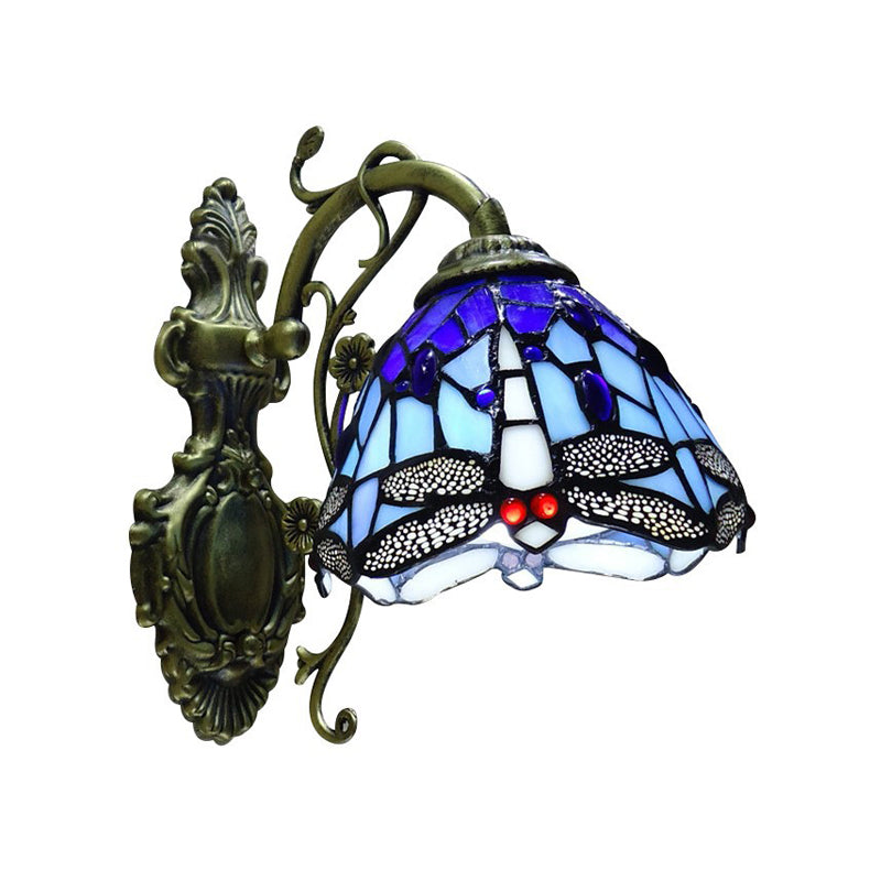 Lisslune | Hand-cut Glass Dragonfly Wall Lamp Tiffany Style 1 Light Wall Mounted Light Fixture with Carved Backplate