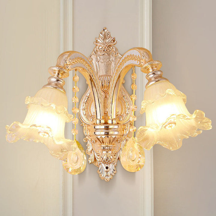 Lisslune | Glass Flower Wall Mount Light Modernist Gold Wall Lamp Sconces with Crystal Drops