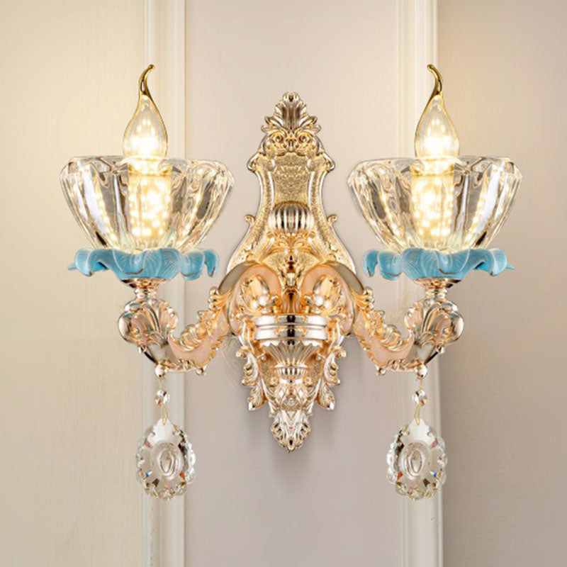 Lisslune | Glass Flower Wall Mount Light Modernist Gold Wall Lamp Sconces with Crystal Drops