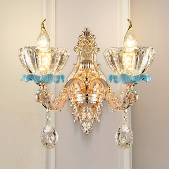 Lisslune | Glass Flower Wall Mount Light Modernist Gold Wall Lamp Sconces with Crystal Drops