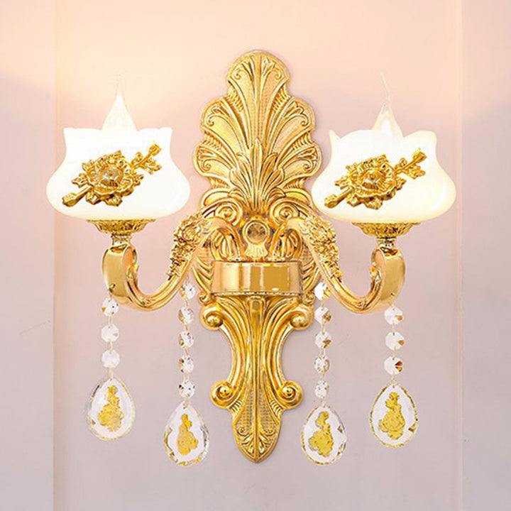 Lisslune | Glass Flower Wall Mount Light Modernist Gold Wall Lamp Sconces with Crystal Drops