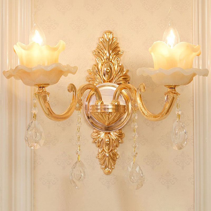 Lisslune | Glass Flower Wall Mount Light Modernist Gold Wall Lamp Sconces with Crystal Drops