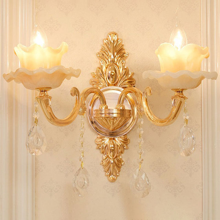 Lisslune | Glass Flower Wall Mount Light Modernist Gold Wall Lamp Sconces with Crystal Drops