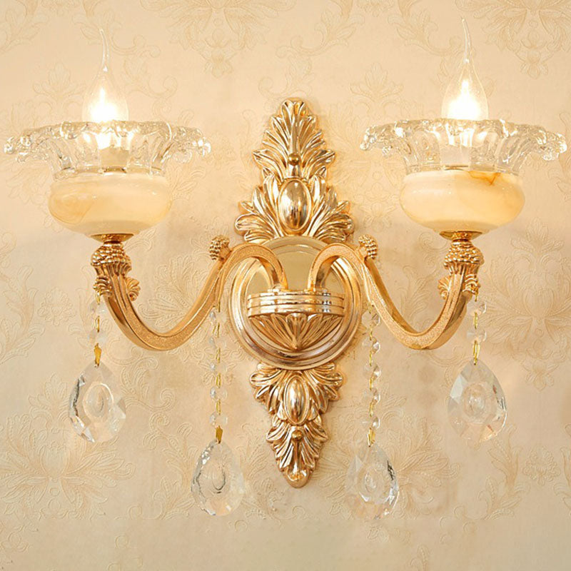 Lisslune | Glass Flower Wall Mount Light Modernist Gold Wall Lamp Sconces with Crystal Drops