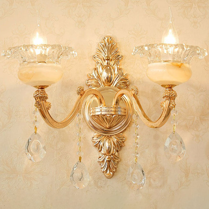 Lisslune | Glass Flower Wall Mount Light Modernist Gold Wall Lamp Sconces with Crystal Drops