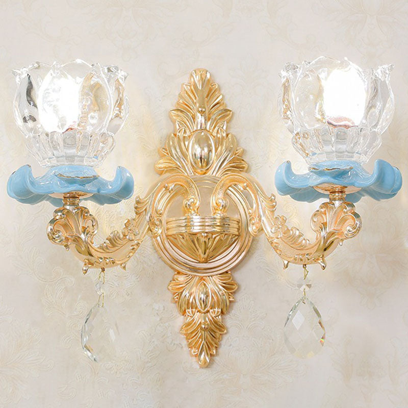 Lisslune | Glass Flower Wall Mount Light Modernist Gold Wall Lamp Sconces with Crystal Drops