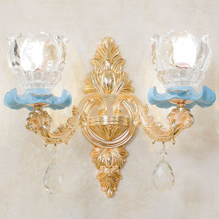 Lisslune | Glass Flower Wall Mount Light Modernist Gold Wall Lamp Sconces with Crystal Drops