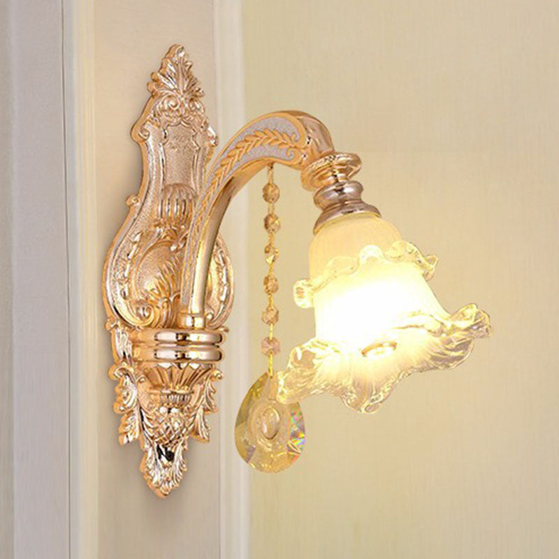 Lisslune | Glass Flower Wall Mount Light Modernist Gold Wall Lamp Sconces with Crystal Drops