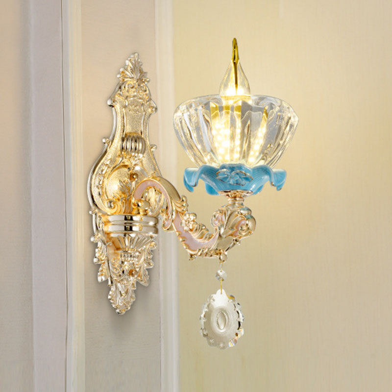 Lisslune | Glass Flower Wall Mount Light Modernist Gold Wall Lamp Sconces with Crystal Drops