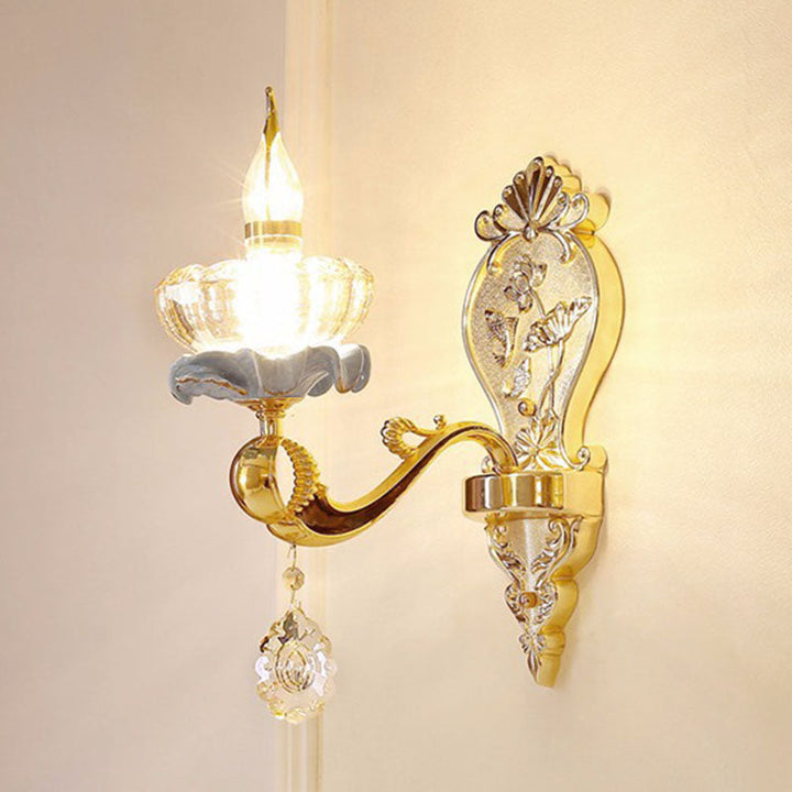 Lisslune | Glass Flower Wall Mount Light Modernist Gold Wall Lamp Sconces with Crystal Drops