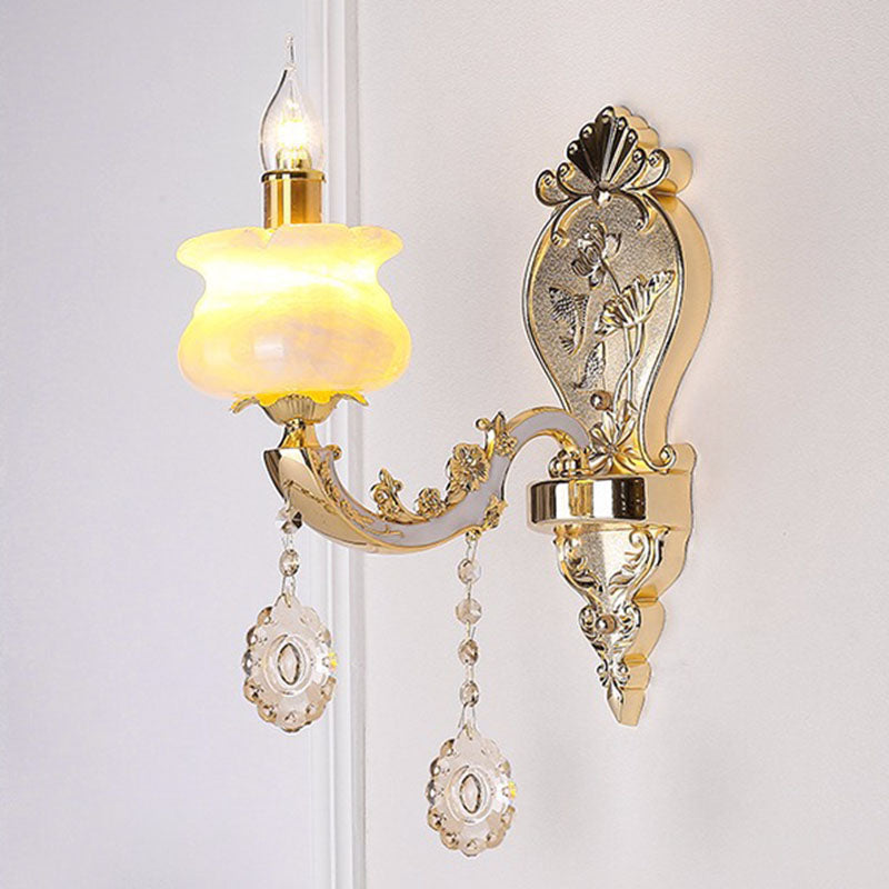 Lisslune | Glass Flower Wall Mount Light Modernist Gold Wall Lamp Sconces with Crystal Drops