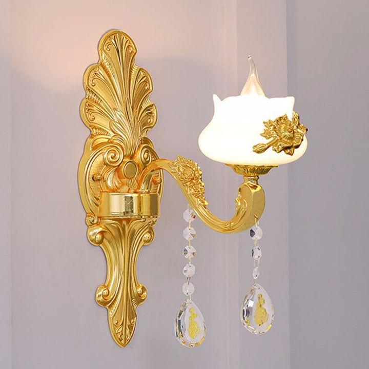 Lisslune | Glass Flower Wall Mount Light Modernist Gold Wall Lamp Sconces with Crystal Drops