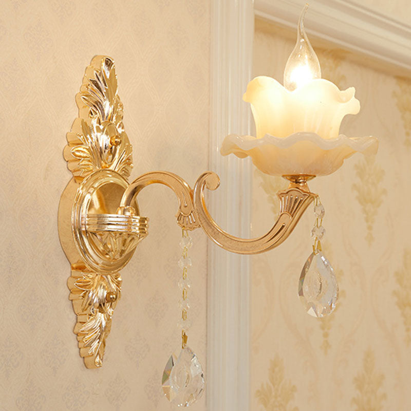 Lisslune | Glass Flower Wall Mount Light Modernist Gold Wall Lamp Sconces with Crystal Drops