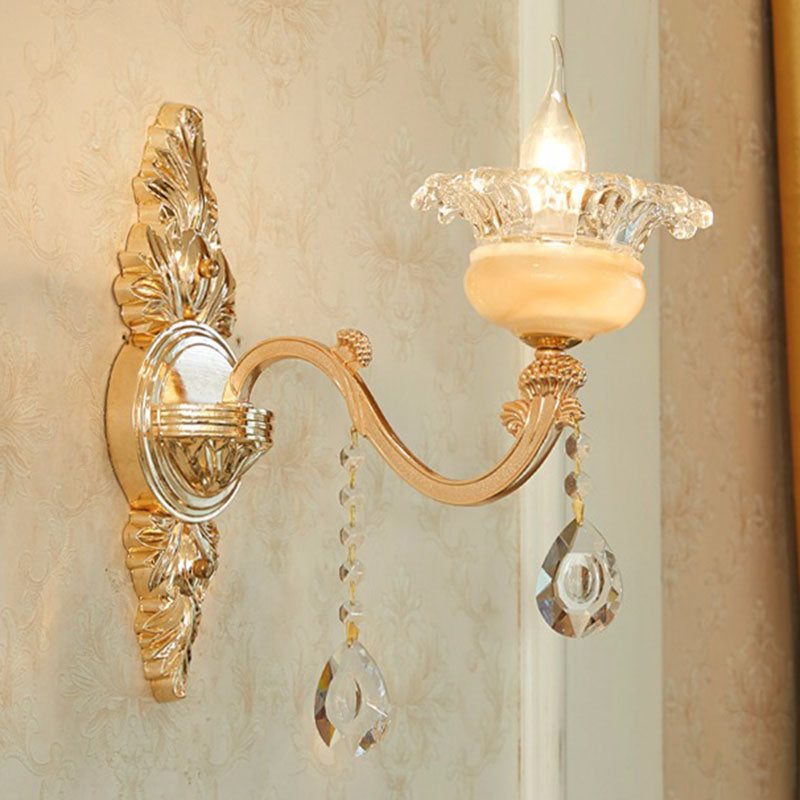 Lisslune | Glass Flower Wall Mount Light Modernist Gold Wall Lamp Sconces with Crystal Drops
