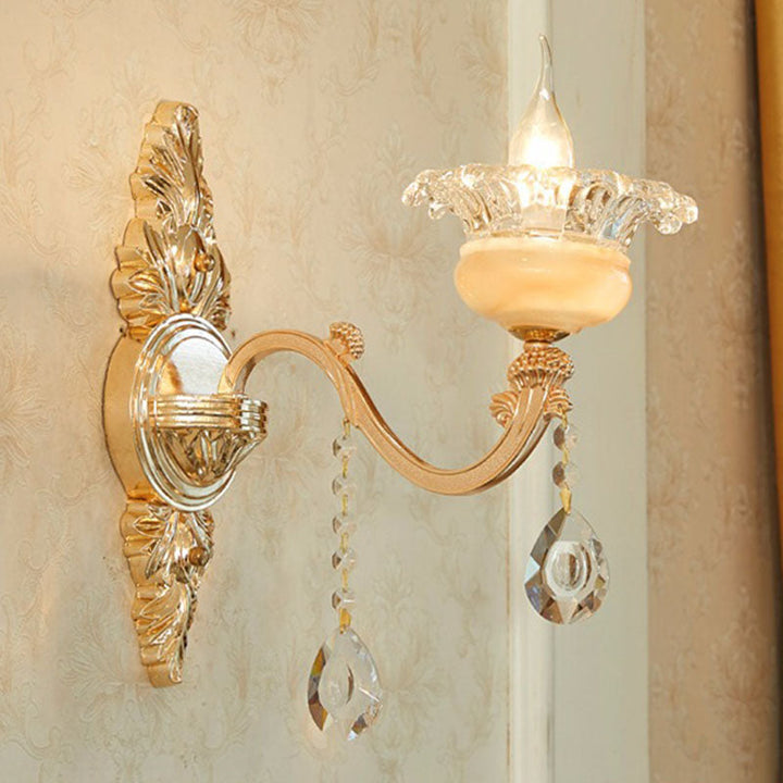 Lisslune | Glass Flower Wall Mount Light Modernist Gold Wall Lamp Sconces with Crystal Drops