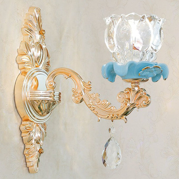 Lisslune | Glass Flower Wall Mount Light Modernist Gold Wall Lamp Sconces with Crystal Drops