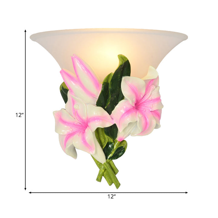 Skørter | Frosted Glass Flared Wall Light Rustic 1 Light Living Room Wall Lighting with Pink Flower Decoration