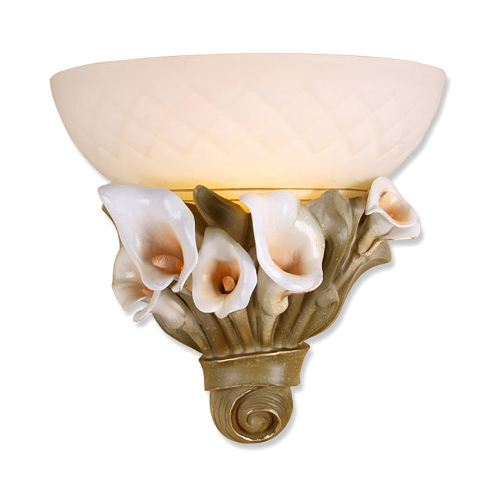Skørter | Bowl White Glass Wall Lamp Vintage 1 Light Bedside Lamp with Yellow/White Flower Design