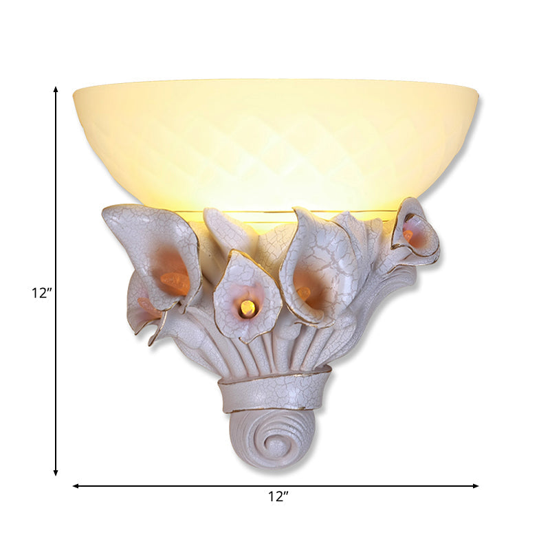 Skørter | Bowl White Glass Wall Lamp Vintage 1 Light Bedside Lamp with Yellow/White Flower Design