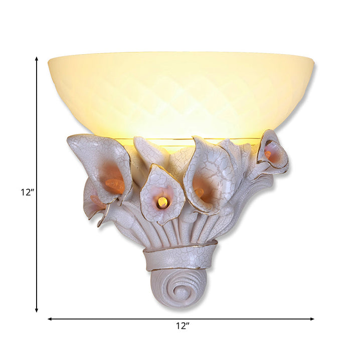 Skørter | Bowl White Glass Wall Lamp Vintage 1 Light Bedside Lamp with Yellow/White Flower Design