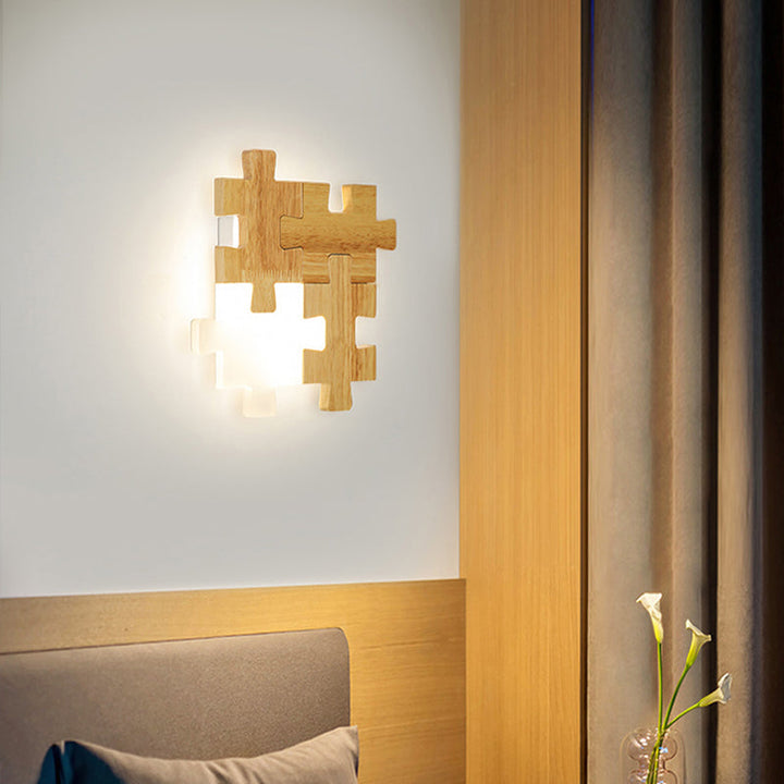 Lisslune | Jigsaw Puzzle Wall Light Simple LED Wood Wall Lighting Device with Opal Glass Shade for Bedroom