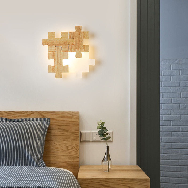 Lisslune | Jigsaw Puzzle Wall Light Simple LED Wood Wall Lighting Device with Opal Glass Shade for Bedroom