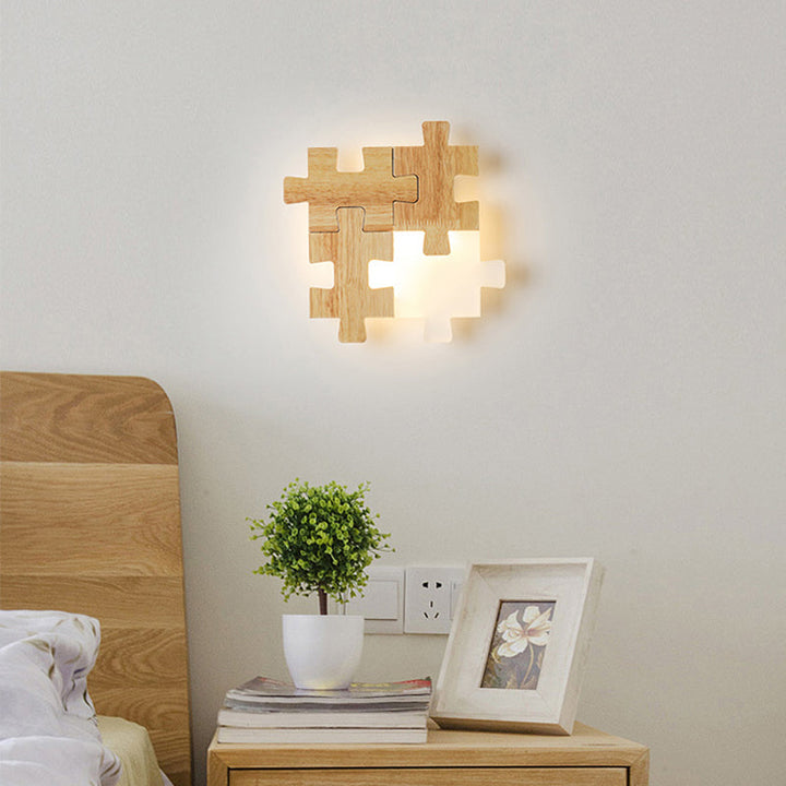Lisslune | Jigsaw Puzzle Wall Light Simple LED Wood Wall Lighting Device with Opal Glass Shade for Bedroom