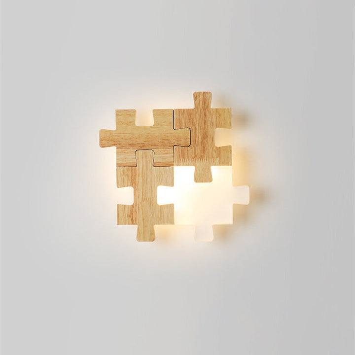 Lisslune | Jigsaw Puzzle Wall Light Simple LED Wood Wall Lighting Device with Opal Glass Shade for Bedroom