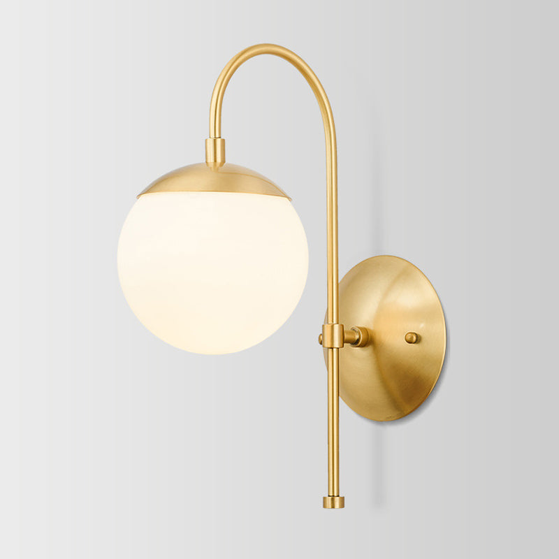 Lisslune | Gold Round Wall Lamp Sconce Modernist 1 Light Opal Glass Wall Montreal Lighting with Gooseneck Arm