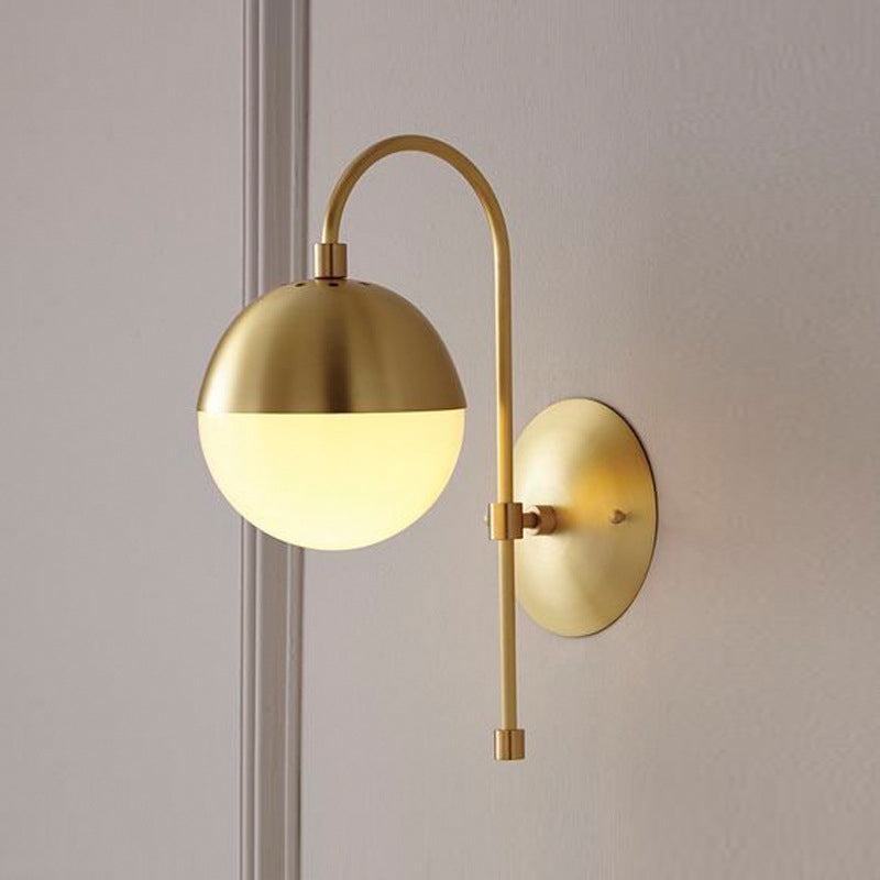 Lisslune | Gold Round Wall Lamp Sconce Modernist 1 Light Opal Glass Wall Montreal Lighting with Gooseneck Arm
