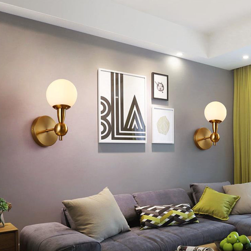 Lisslune | Spherical Wall Lighting Contemporary White Glass Nightstand Wall Light in Gold