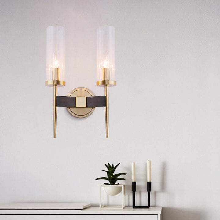 Lisslune | Simple Cylindrical Wall Light Clear Ribbed Glass Wall Light in Gold