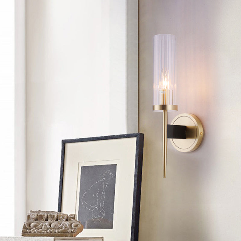 Lisslune | Simple Cylindrical Wall Light Clear Ribbed Glass Wall Light in Gold