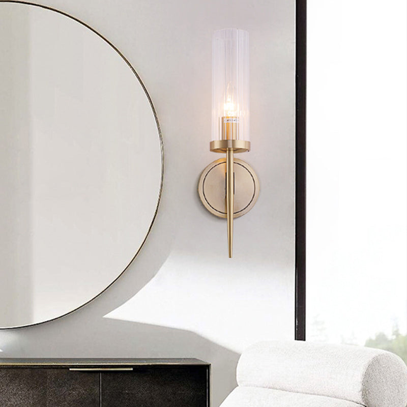 Lisslune | Simple Cylindrical Wall Light Clear Ribbed Glass Wall Light in Gold