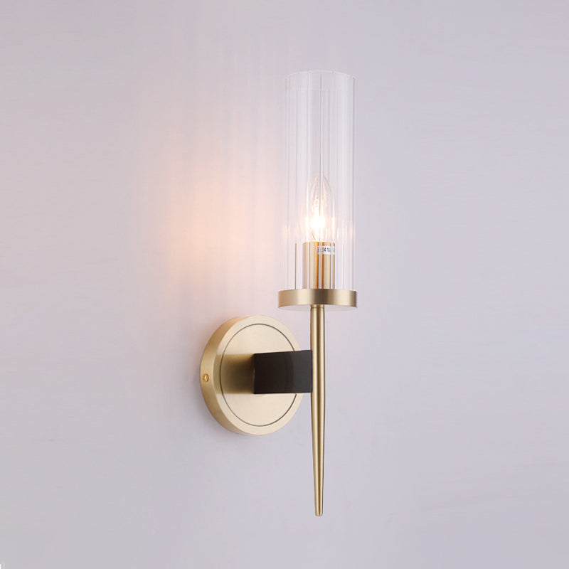 Lisslune | Simple Cylindrical Wall Light Clear Ribbed Glass Wall Light in Gold