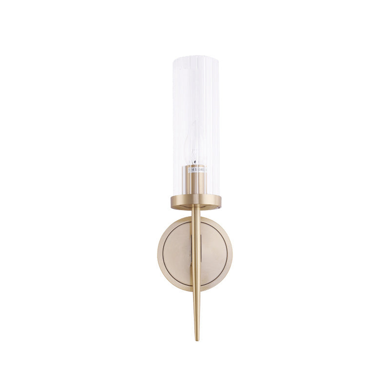 Lisslune | Simple Cylindrical Wall Light Clear Ribbed Glass Wall Light in Gold