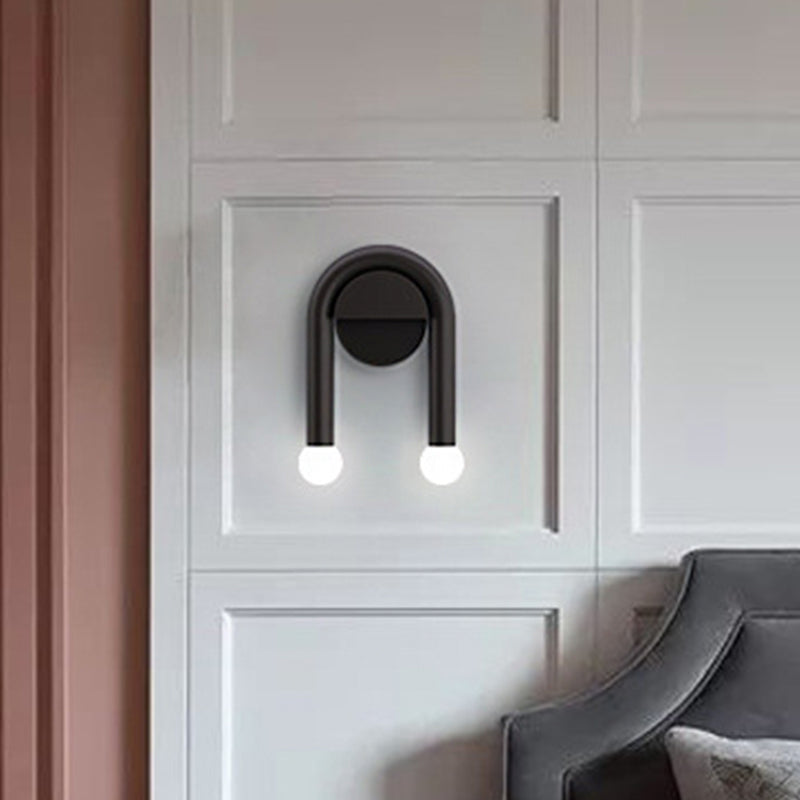 Lisslune | U-shaped wall lamp contemporary metallic 2-light black wall-mounted lighting with ball opal glass shade