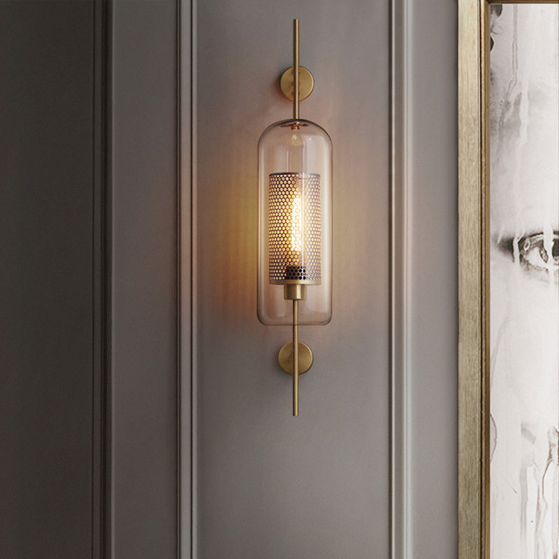 Skørter | Pill Capsule Wall Lighting Modernism Clear Glass 1-Light Bathroom Wall Lamp Sconces with Inner Mesh Screen