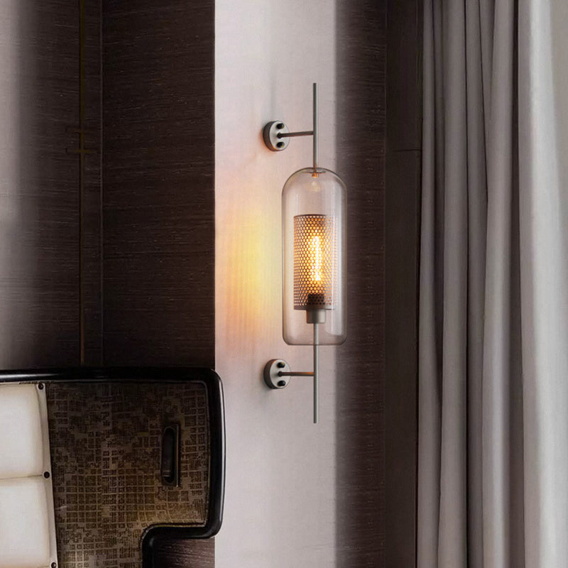 Skørter | Pill Capsule Wall Lighting Modernism Clear Glass 1-Light Bathroom Wall Lamp Sconces with Inner Mesh Screen