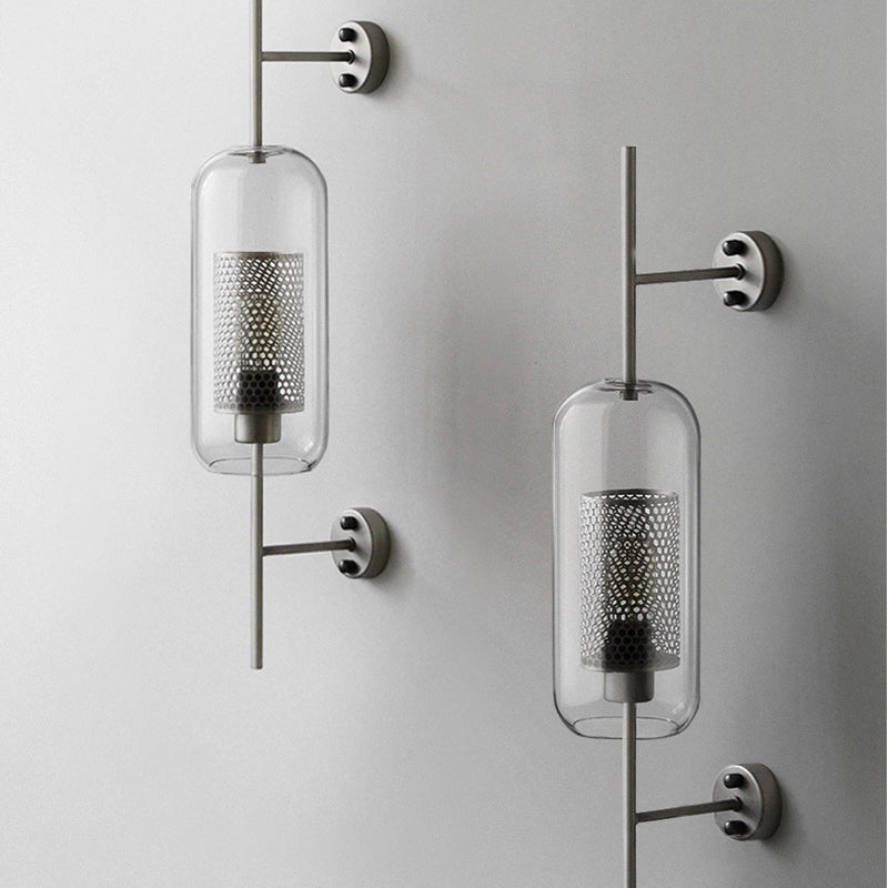 Skørter | Pill Capsule Wall Lighting Modernism Clear Glass 1-Light Bathroom Wall Lamp Sconces with Inner Mesh Screen