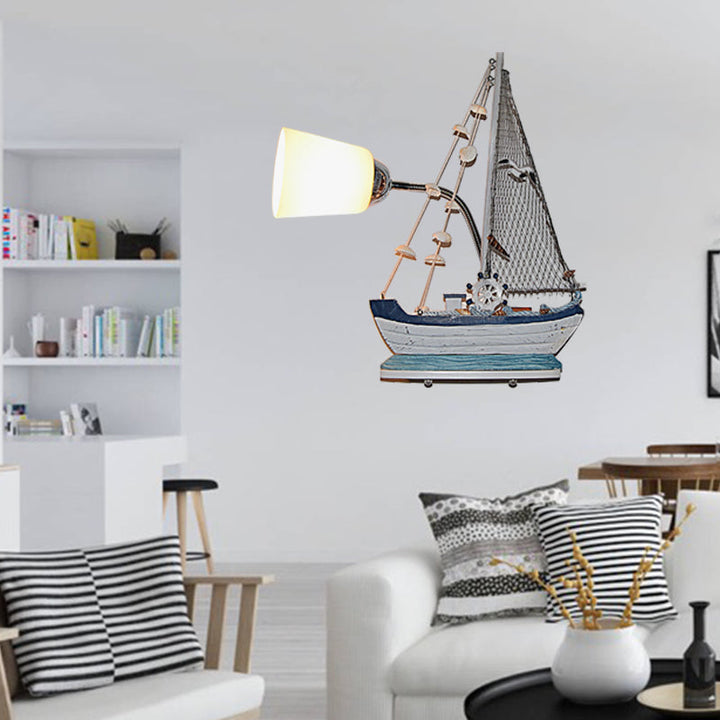 Skørter | Nautical Ship Wall Lantern with Bucket Shade 1 Head Glass Wall Lamp in Blue for Nursing Room