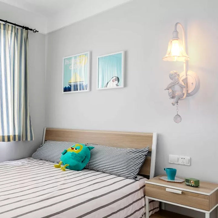 Skørter | Modern White Wall Lamp Clock Shade 1 Head Metal Wall Lamp with Angel for Children's Room