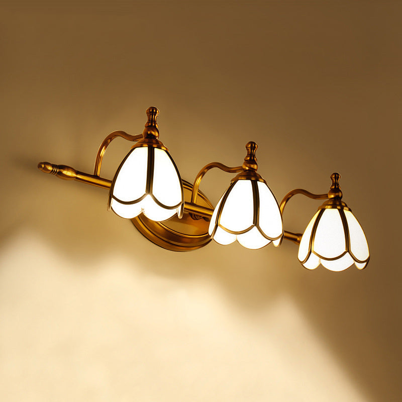 Skørter | Vintage Curved Wall Lamp Opal Glass Vanity Light Fixture in Brass for Bathroom
