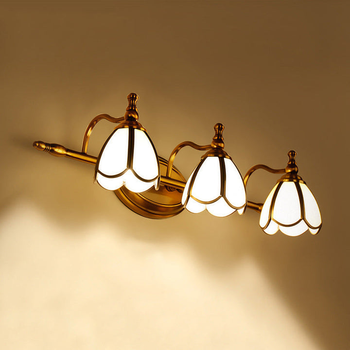 Skørter | Vintage Curved Wall Lamp Opal Glass Vanity Light Fixture in Brass for Bathroom
