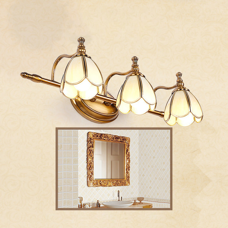 Skørter | Vintage Curved Wall Lamp Opal Glass Vanity Light Fixture in Brass for Bathroom